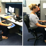 left picture shows worker slumping at computer: right image shows sitting upright