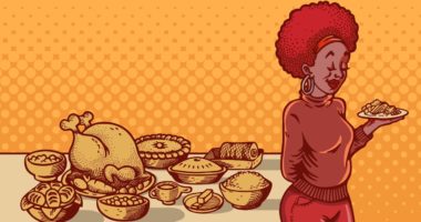 Illustration of African-American woman at Thanksgiving table