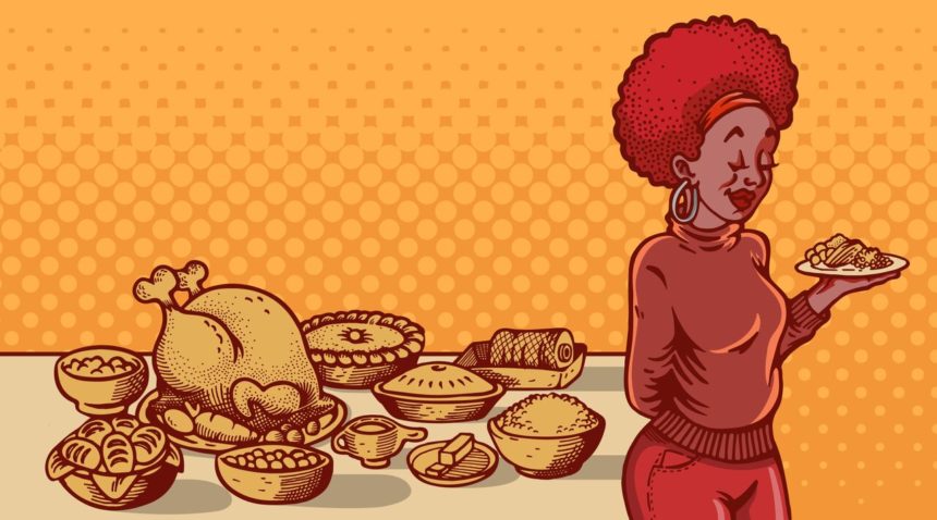 Illustration of African-American woman at Thanksgiving table