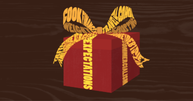 Illustration of gift box covered in words related to holiday stress.
