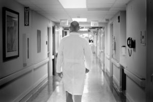 David Gerber, MD, on his way to visit patients in transplant services at UNC Hospitals.