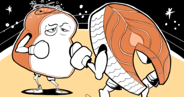 Illustration of a piece of bread fighting with a piece of salmon.