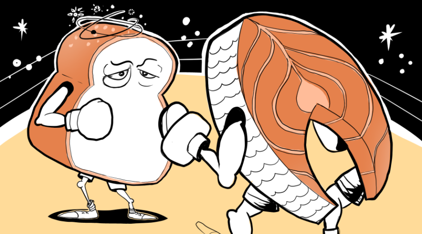 Illustration of a piece of bread fighting with a piece of salmon.