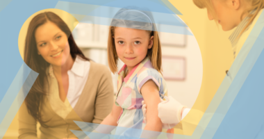 Photo of a mom and daughter at the doctor. Daughter is getting a vaccination.