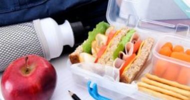 A open lunchbox shows sandwiches and an apple