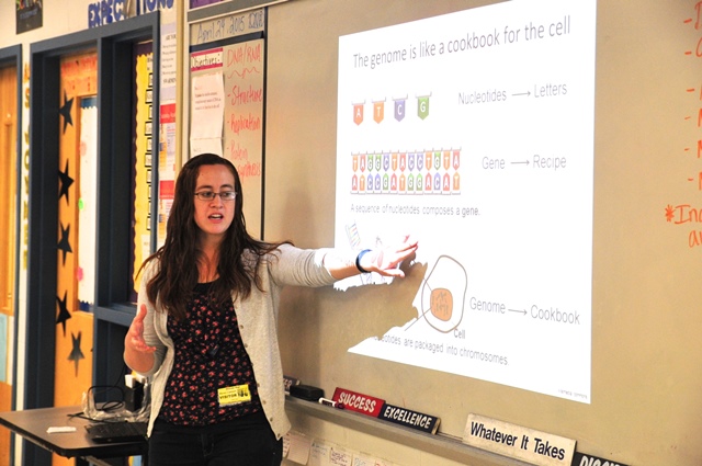 PhD student Maren Cannon teaches students about genomes.