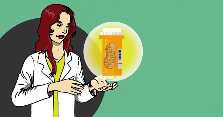 illustration of a doctor in a lab coat holding a giant medicine bottle containing a giant peanut in the shell