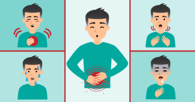 Five illustrated images of a man showing symptoms of a heart attack.