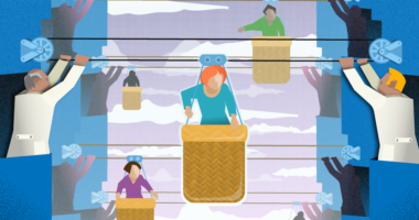 Cartoon of patients being moved along on a lever/pulley by doctors