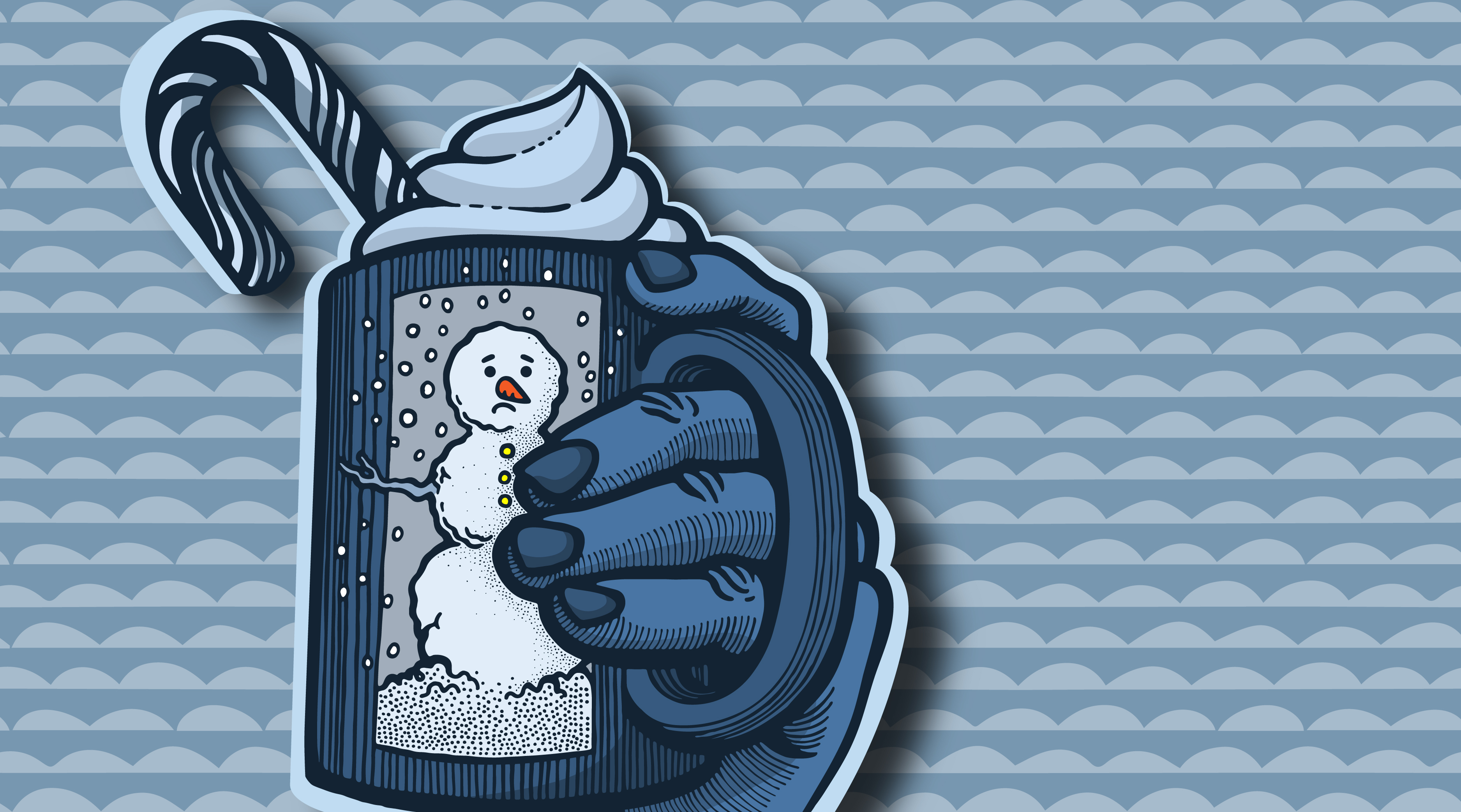 Illustration of blue hand holding snowman with a frowning face.