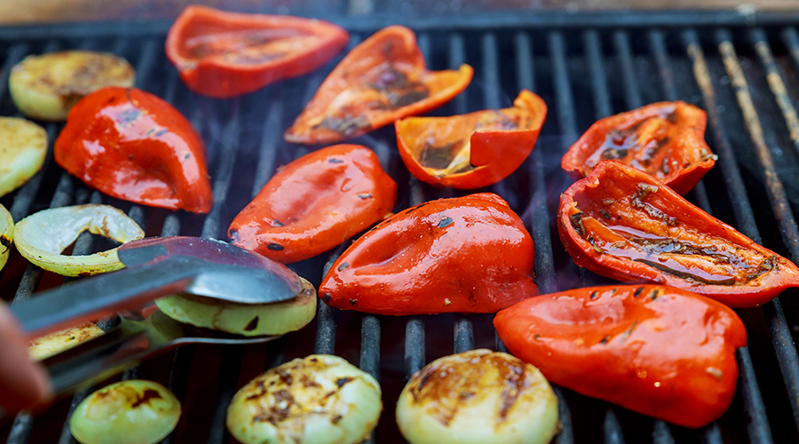Grilled red sweet pepper and onion on roasting red pepper and onion grilled char-grilled