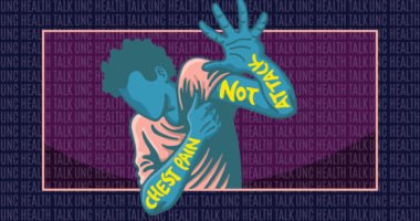 Illustration of a man gripping his chest in pain with the words 'chest pain, not attack' written on his arms.