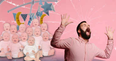 Man reacting to crying babies