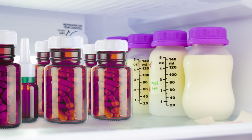 bottled breast milk next to pill bottles