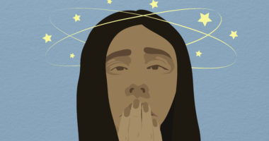 graphic of woman covering mouth with stars circling her head [dizzy]