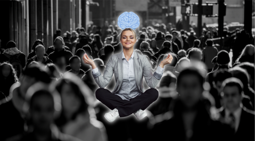 woman in color meditating on top of a black and white crowd in a city