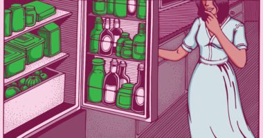 graphic of woman looking into refrigerator of alcoholic drinks