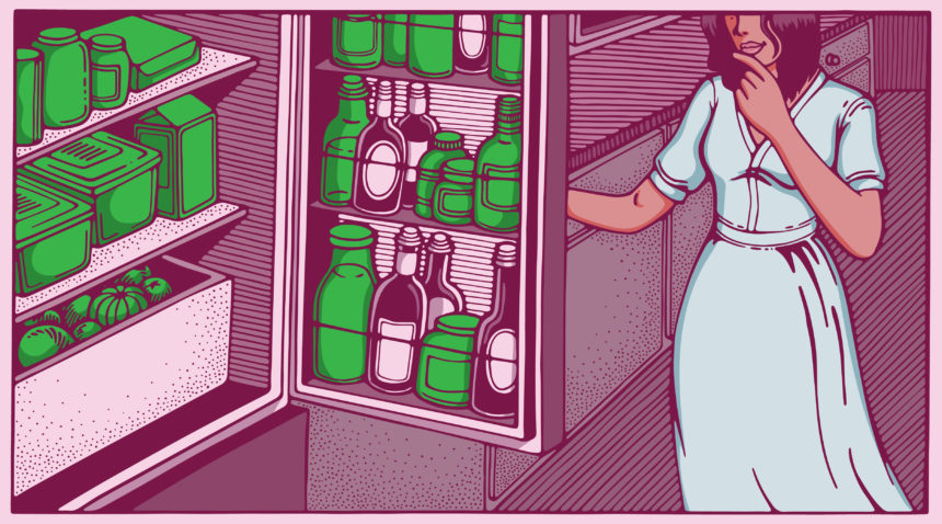graphic of woman looking into refrigerator of alcoholic drinks