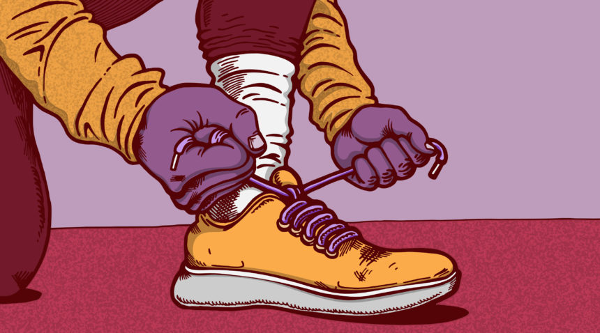 cartoon closeup of someone tying their running shoe laces