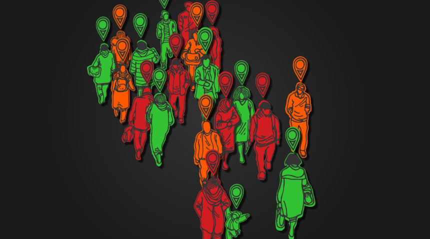 figures walking in a crowd, colored red, orange, and green