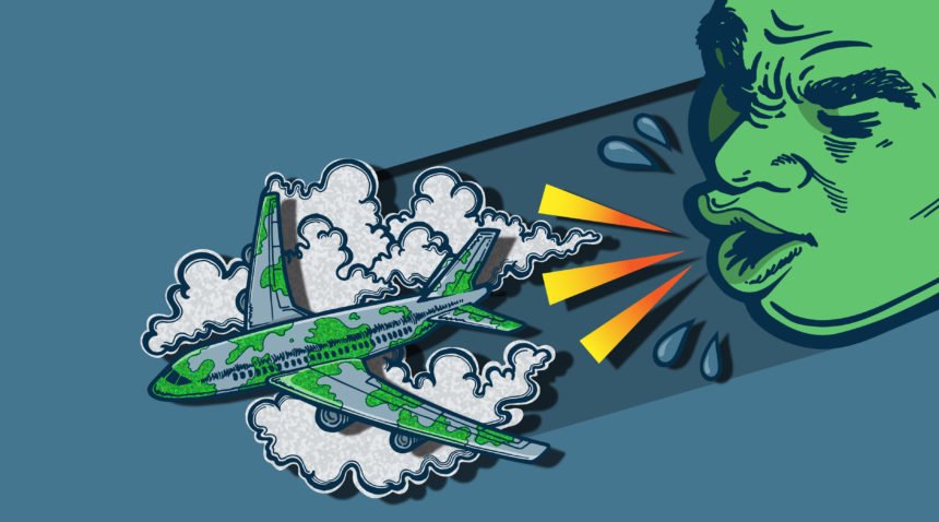 cartoon face coughing onto an airplane covered in germs