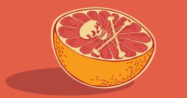 half of an orange with a skull and crossbones on it