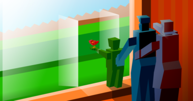 Illustration of a child and parents looking through a window.