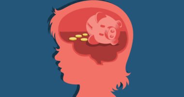 Illustration of a piggy bank inside a child's mind.