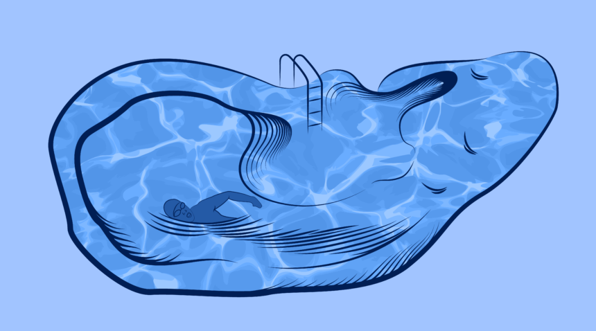 swimmer swimming in a pool shaped like an ear