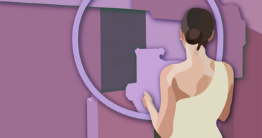 Illustration of a woman getting a 3D mammogram.