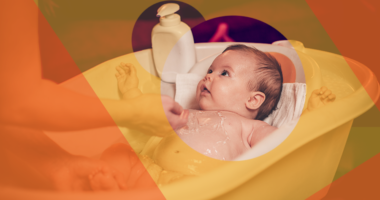 Photo illustration of baby getting a bath