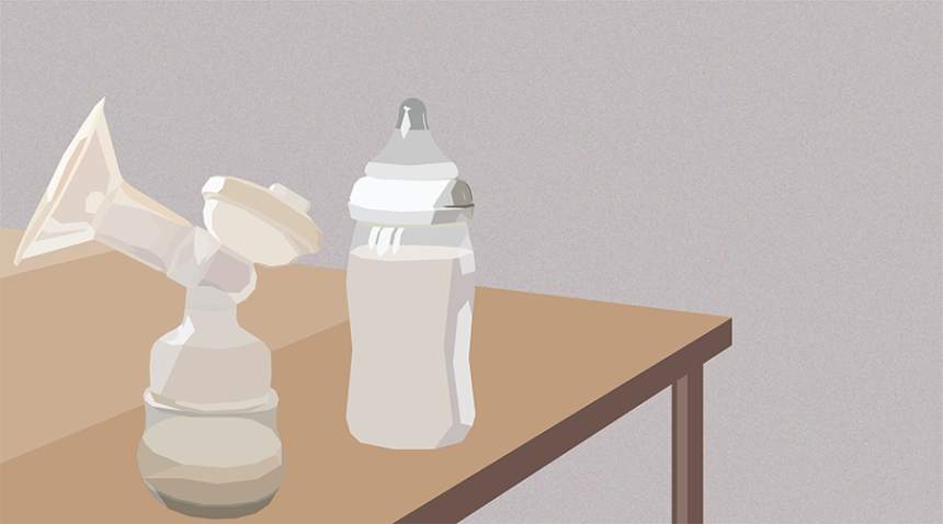 Illustration of breast pump and bottle with breast milk.