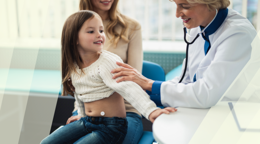 Photograph of a child being examined by a health care provider.
