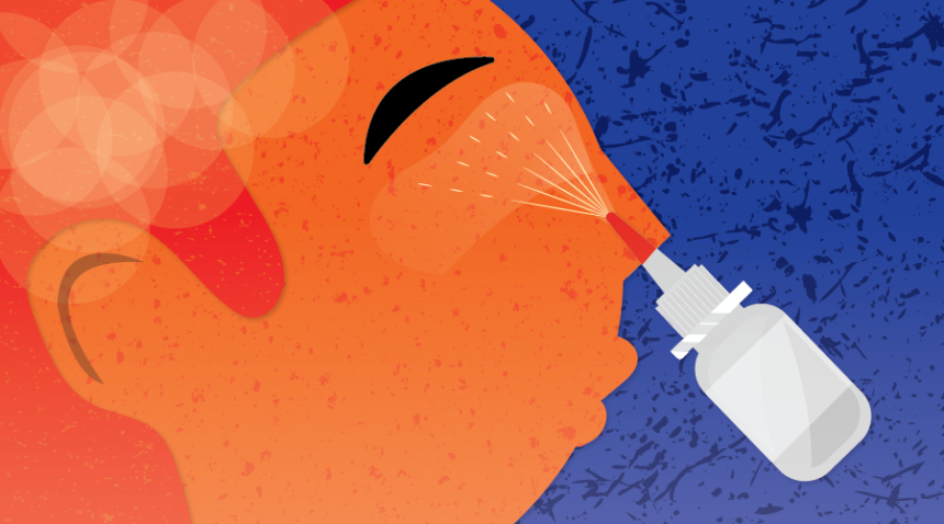 Illustration of a person receiving a medication via nasal spray