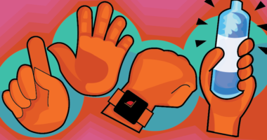 Illustration of hands holding up a water bottle and wearing a watch