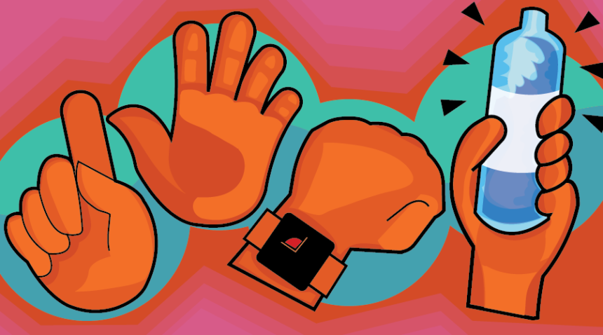 Illustration of hands holding up a water bottle and wearing a watch