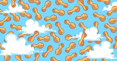 Illustration of shelled peanuts floating in a blue sky with clouds.