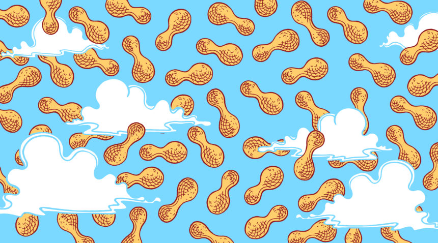 Illustration of shelled peanuts floating in a blue sky with clouds.
