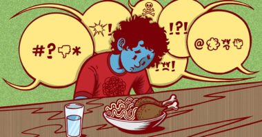Illustration of kid with food in front of him being yelled at.