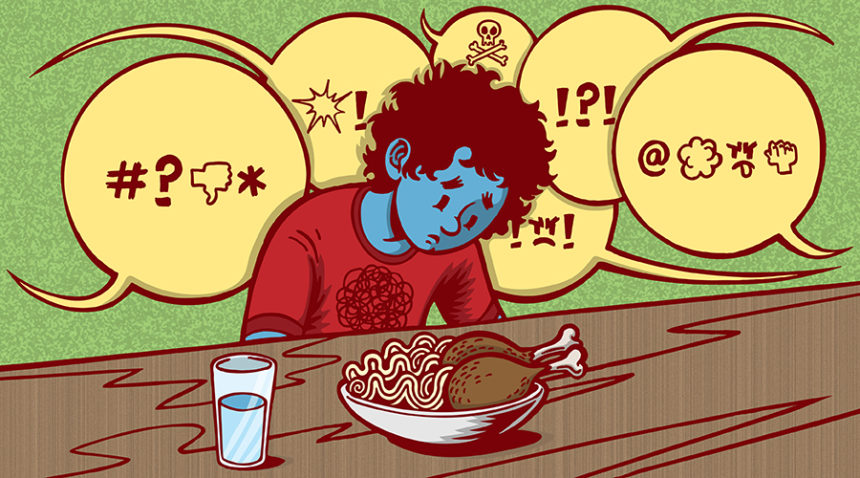 Illustration of kid with food in front of him being yelled at.
