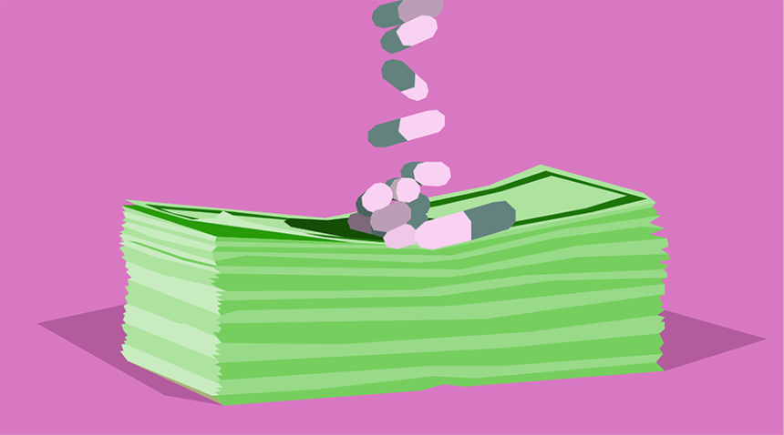 Illustration of pills on top of money.