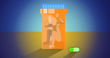 An illustration of a person trapped in a medicine bottle.