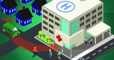 An illustration of a hospital with people coming in and out.