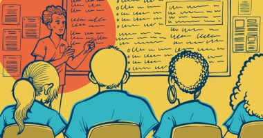 A person teaching a room of nurses.