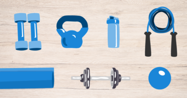 collection of exercise equipment (weights, mat, kettle ball, water bottle, jumprope)