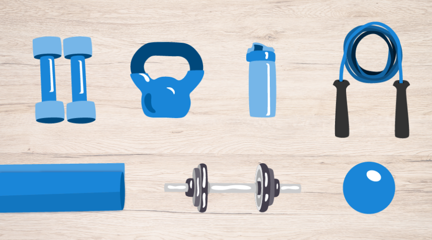 collection of exercise equipment (weights, mat, kettle ball, water bottle, jumprope)