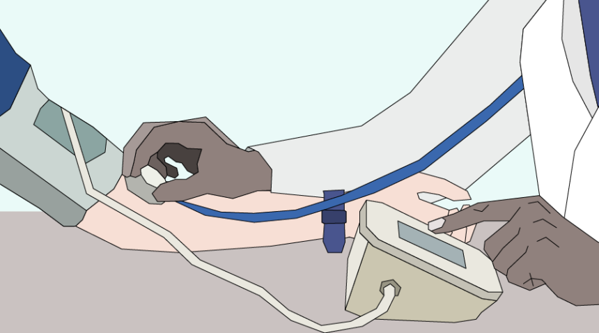 An illustrating of a care provider taking someone's blood pressure.