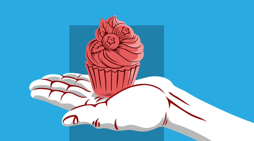 illustration of hand holding a cupcake