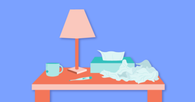 illustration of bedside table with cup of tea, thermometer, and tissues