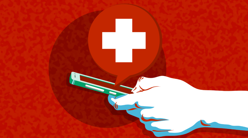 hand holding a smart phone with a red health cross above the phone in a speech bubble